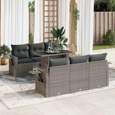 Salon de jardin avec coussins 7 pcs gris résine tressée