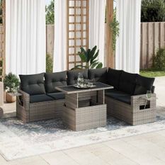 Salon de jardin avec coussins 7 pcs gris résine tressée