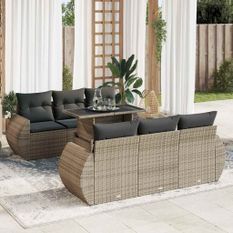 Salon de jardin avec coussins 7 pcs gris résine tressée