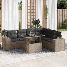 Salon de jardin avec coussins 7 pcs gris résine tressée