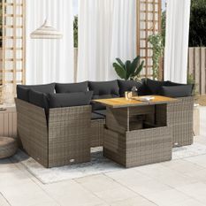 Salon de jardin avec coussins 7 pcs gris résine tressée