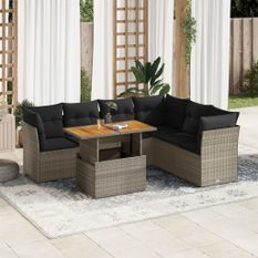 Salon de jardin avec coussins 7 pcs gris résine tressée