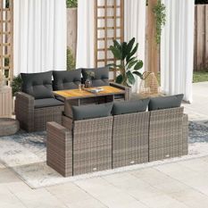 Salon de jardin avec coussins 7 pcs gris résine tressée