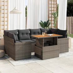 Salon de jardin avec coussins 7 pcs gris résine tressée