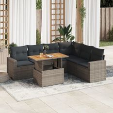 Salon de jardin avec coussins 7 pcs gris résine tressée