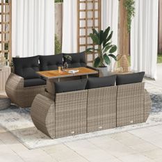 Salon de jardin avec coussins 7 pcs gris résine tressée