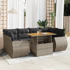 Salon de jardin avec coussins 7 pcs gris résine tressée