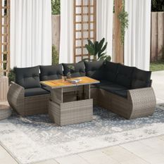 Salon de jardin avec coussins 7 pcs gris résine tressée