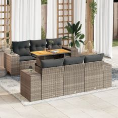 Salon de jardin avec coussins 7 pcs gris résine tressée