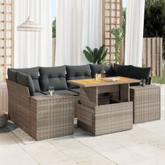 Salon de jardin avec coussins 7 pcs gris résine tressée