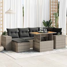 Salon de jardin avec coussins 7 pcs gris résine tressée