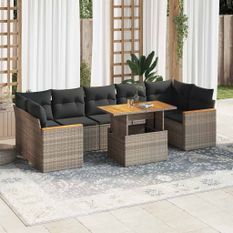 Salon de jardin avec coussins 7 pcs gris résine tressée acacia