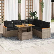 Salon de jardin avec coussins 7 pcs gris résine tressée acacia