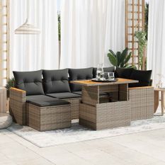 Salon de jardin avec coussins 7 pcs gris résine tressée acacia