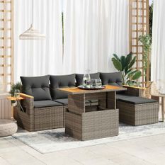 Salon de jardin avec coussins 7 pcs gris résine tressée acacia