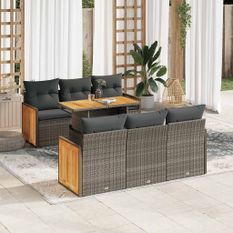 Salon de jardin avec coussins 7 pcs gris résine tressée acacia