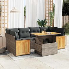 Salon de jardin avec coussins 7 pcs gris résine tressée acacia