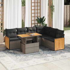 Salon de jardin avec coussins 7 pcs gris résine tressée acacia