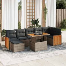 Salon de jardin avec coussins 7 pcs gris résine tressée acacia