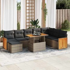 Salon de jardin avec coussins 7 pcs gris résine tressée acacia