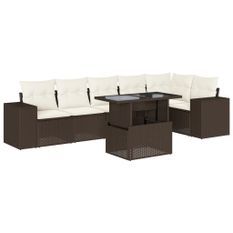 Salon de jardin avec coussins 7 pcs marron résine tressée