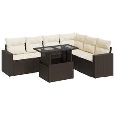 Salon de jardin avec coussins 7 pcs marron résine tressée