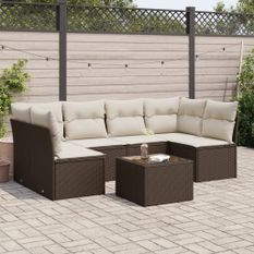 Salon de jardin avec coussins 7 pcs marron résine tressée