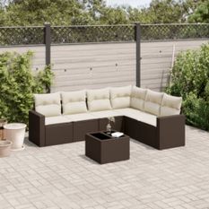 Salon de jardin avec coussins 7 pcs marron résine tressée