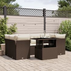 Salon de jardin avec coussins 7 pcs marron résine tressée