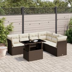 Salon de jardin avec coussins 7 pcs marron résine tressée