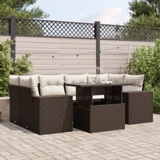 Salon de jardin avec coussins 7 pcs marron résine tressée