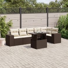 Salon de jardin avec coussins 7 pcs marron résine tressée