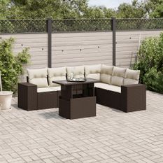 Salon de jardin avec coussins 7 pcs marron résine tressée