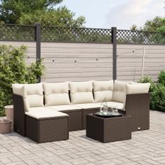 Salon de jardin avec coussins 7 pcs marron résine tressée