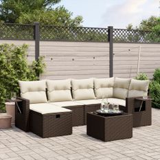 Salon de jardin avec coussins 7 pcs marron résine tressée