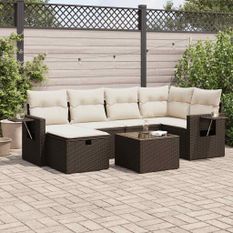 Salon de jardin avec coussins 7 pcs marron résine tressée