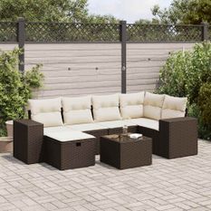 Salon de jardin avec coussins 7 pcs marron résine tressée