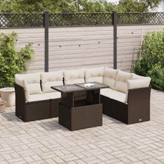 Salon de jardin avec coussins 7 pcs marron résine tressée