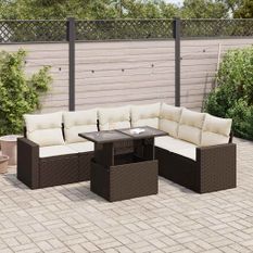 Salon de jardin avec coussins 7 pcs marron résine tressée