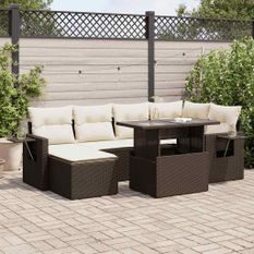 Salon de jardin avec coussins 7 pcs marron résine tressée