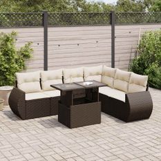 Salon de jardin avec coussins 7 pcs marron résine tressée