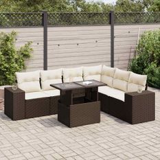 Salon de jardin avec coussins 7 pcs marron résine tressée