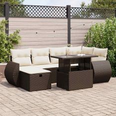 Salon de jardin avec coussins 7 pcs marron résine tressée