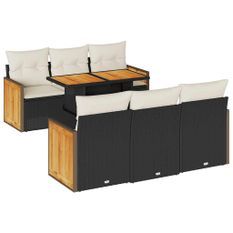 Salon de jardin avec coussins 7 pcs noir résine tressée acacia