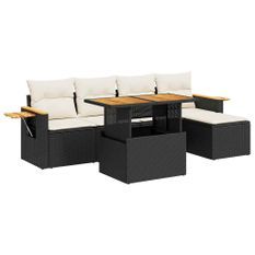 Salon de jardin avec coussins 7 pcs noir résine tressée acacia