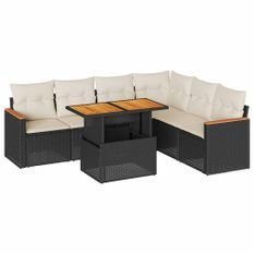 Salon de jardin avec coussins 7 pcs noir résine tressée acacia