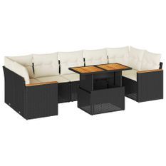 Salon de jardin avec coussins 7 pcs noir résine tressée acacia