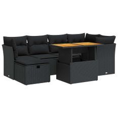 Salon de jardin avec coussins 7 pcs noir résine tressée acacia