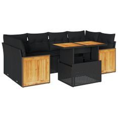 Salon de jardin avec coussins 7 pcs noir résine tressée acacia