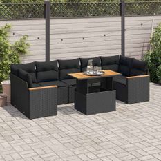 Salon de jardin avec coussins 7 pcs noir résine tressée acacia